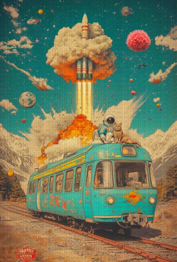 Retro Bilimkurgu Poster – Roket, Kedi ve Astronotlu Ahşap Tasarım