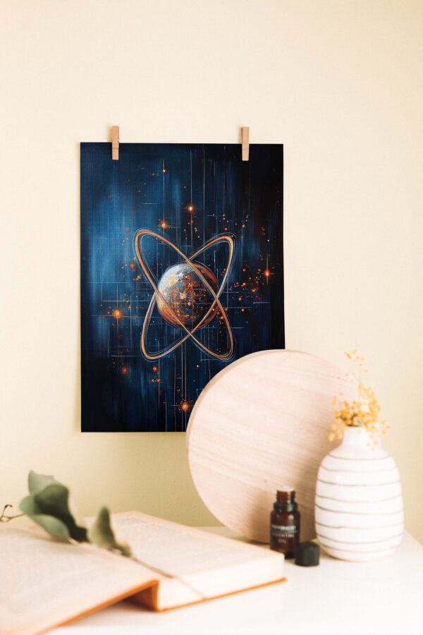 Atom ve Evren Konseptli Soyut Ahşap Poster – Bilim ve Kozmos Tasarımı