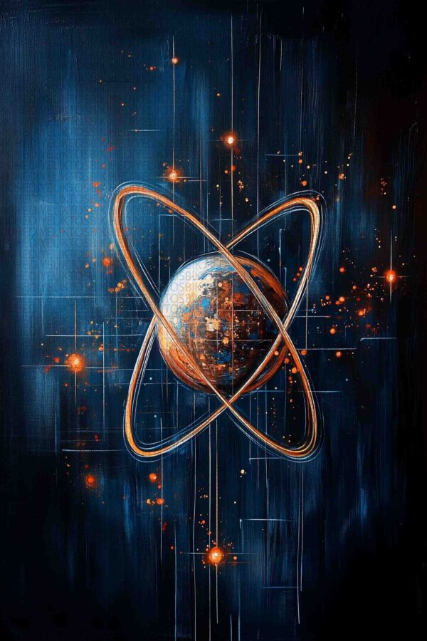 Atom ve Evren Konseptli Soyut Ahşap Poster – Bilim ve Kozmos Tasarımı