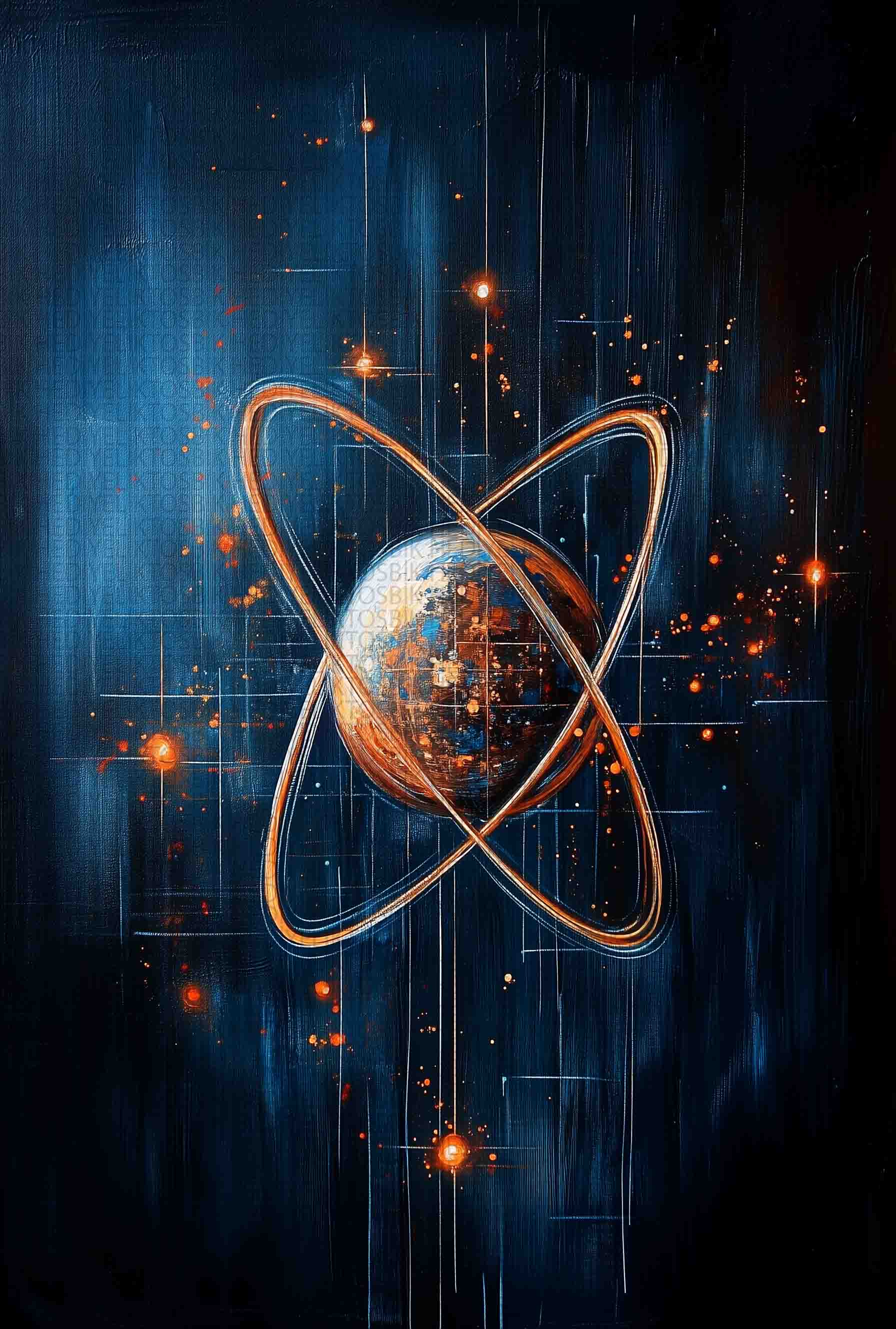Atom ve Evren Konseptli Soyut Ahşap Poster – Bilim ve Kozmos Tasarımı