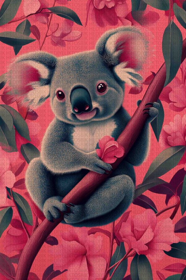 Çiçekler Arasında Koala – Sevimli Hayvan Temalı Ahşap Poster