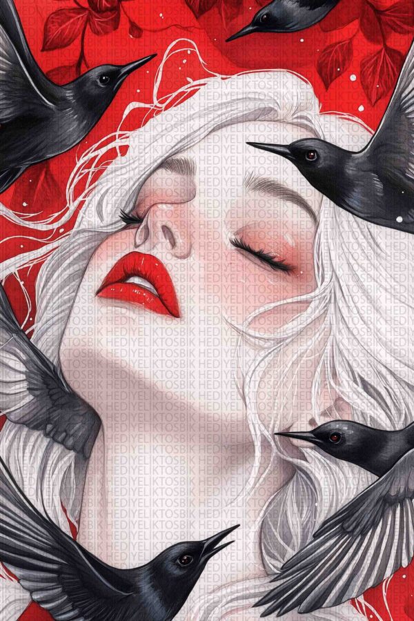 Kuzgunlar ve Kadın – Gotik Rüya Temalı Ahşap Poster