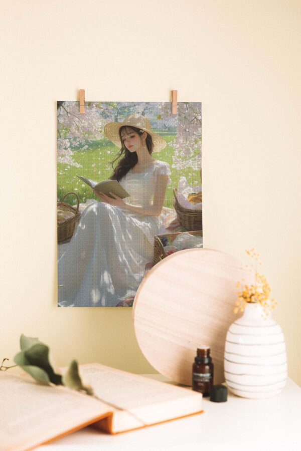Bahar Pikniği – Romantik Kız ve Çiçekler Temalı Ahşap Poster