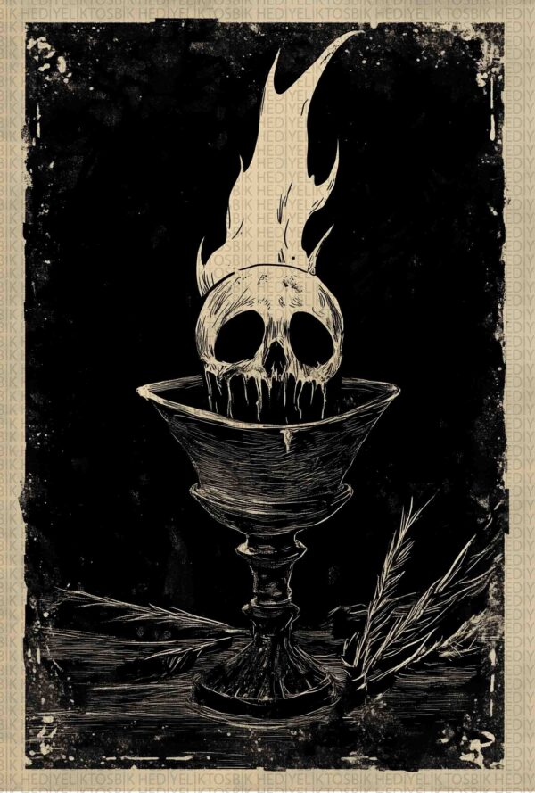 Alevli Kafatası – Gotik Tarzda Kadehte Ölüm Temalı Ahşap Poster