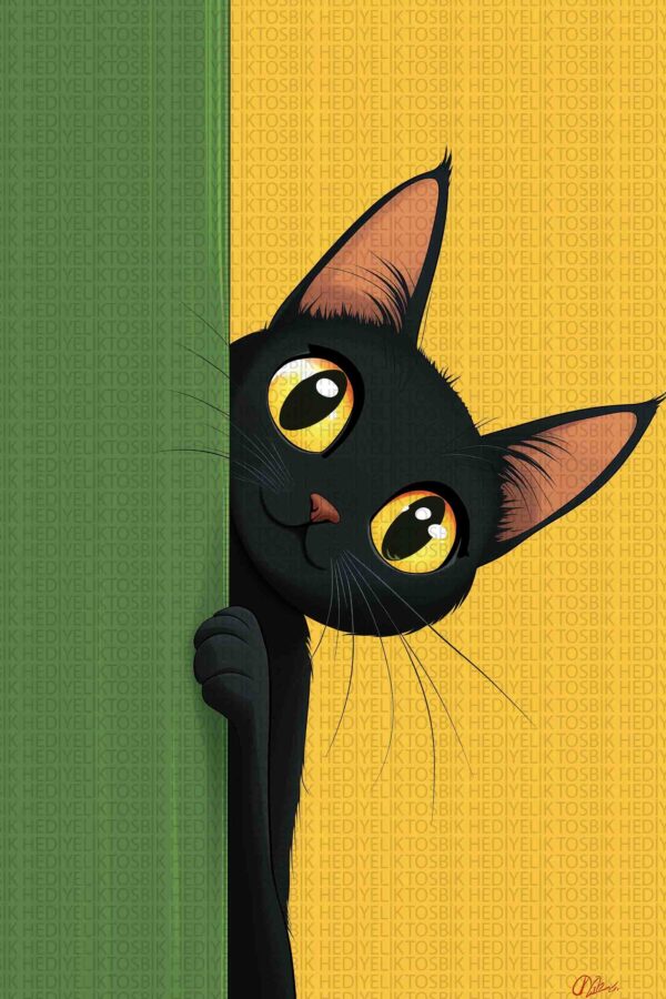 Meraklı Siyah Kedi – Sevimli Çizim Tarzında Dekoratif Ahşap Poster
