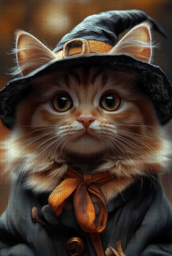Cadı Şapkası Takan Sevimli Kedi – Sevimli Karakter Ahşap Poster