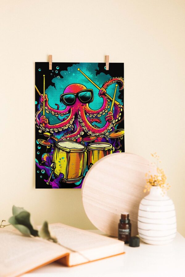Renkli Davulcu Ahtapot – Funky Stil Dekoratif Ahşap Poster