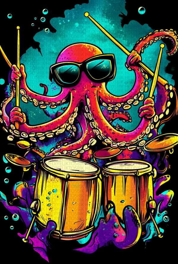 Renkli Davulcu Ahtapot – Funky Stil Dekoratif Ahşap Poster