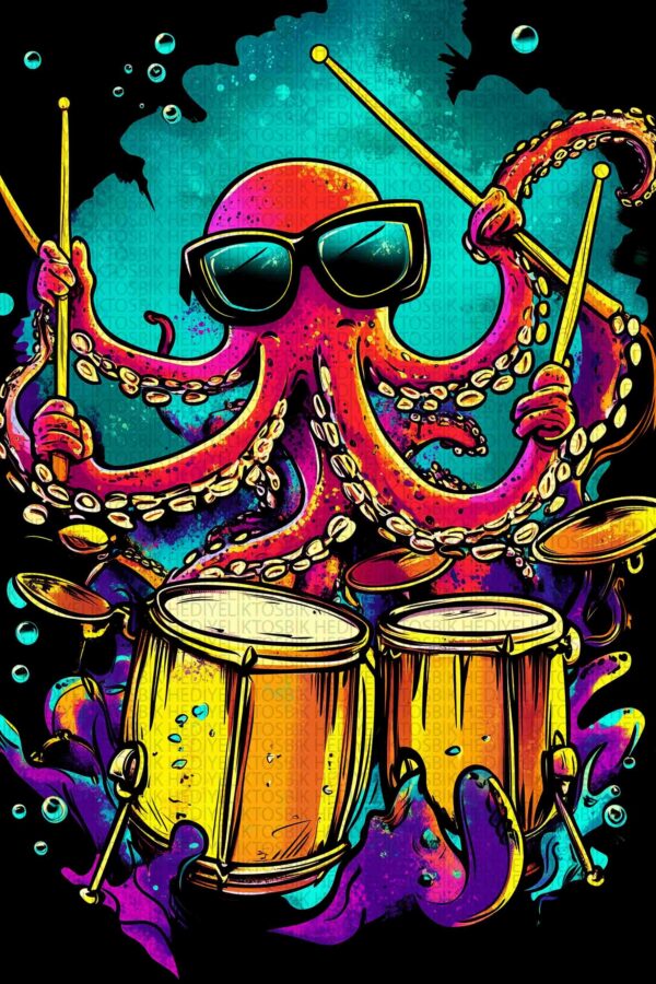 Renkli Davulcu Ahtapot – Funky Stil Dekoratif Ahşap Poster