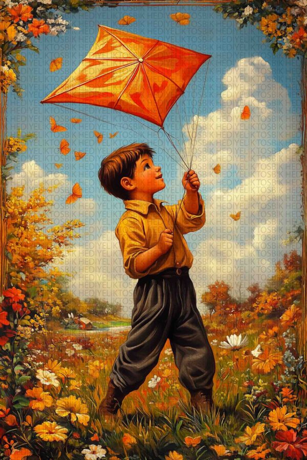Uçurtma Uçuran Çocuk – Bahar Temalı Nostaljik Ahşap Poster