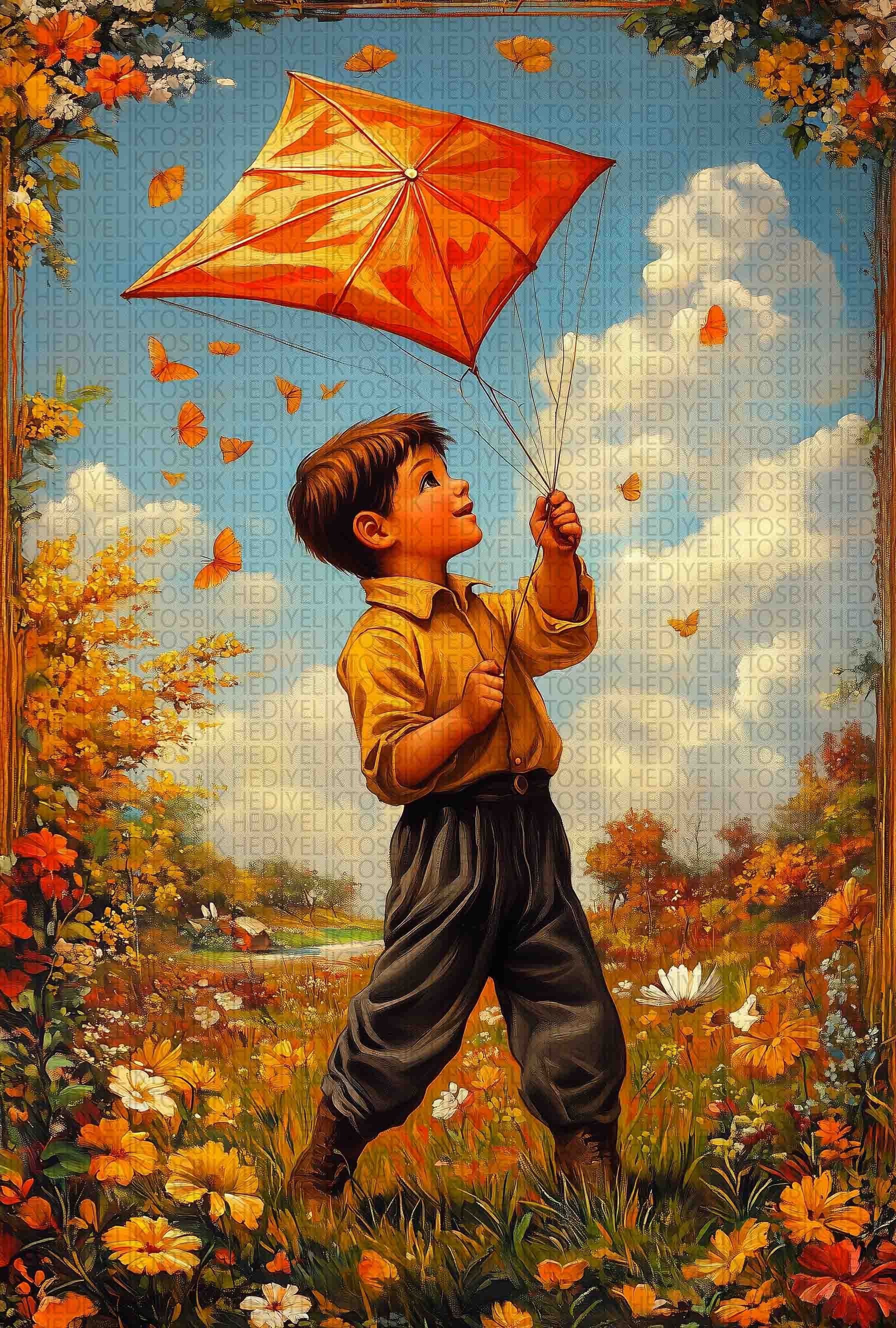 Uçurtma Uçuran Çocuk – Bahar Temalı Nostaljik Ahşap Poster