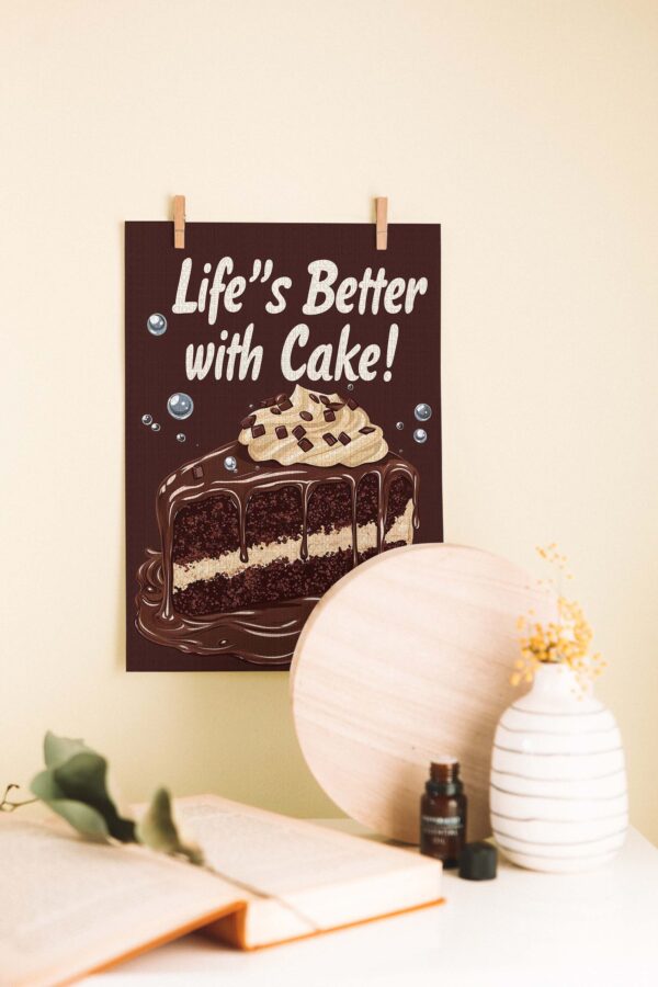Life’s Better with Cake – Çikolatalı Pasta Temalı Ahşap Poster