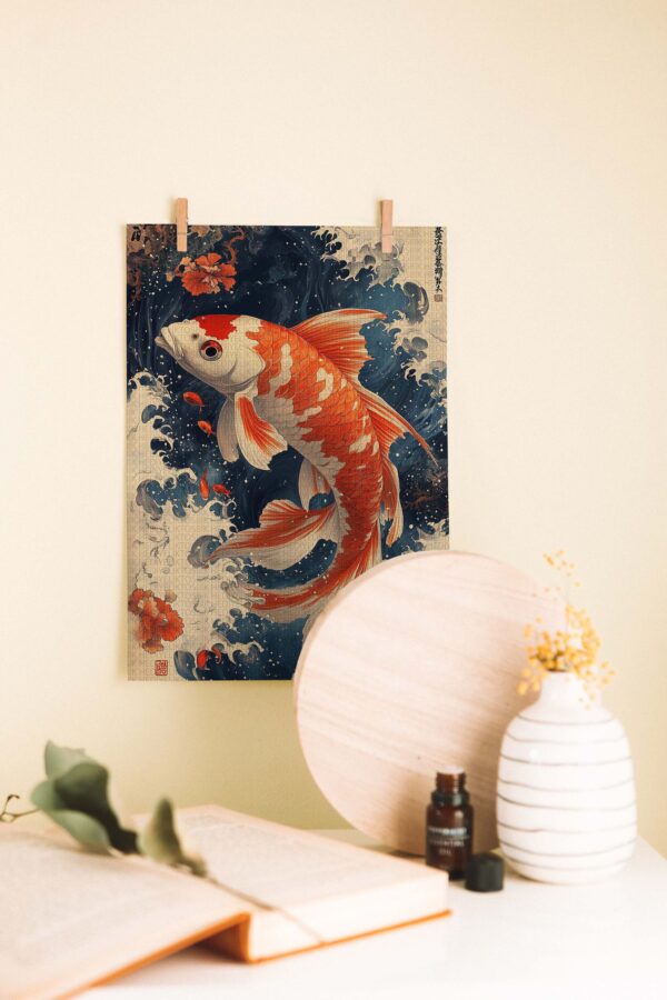 Japon Koi Balığı – Dalga ve Çiçek Desenli Ahşap Poster