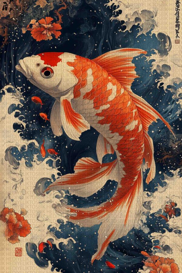 Japon Koi Balığı – Dalga ve Çiçek Desenli Ahşap Poster