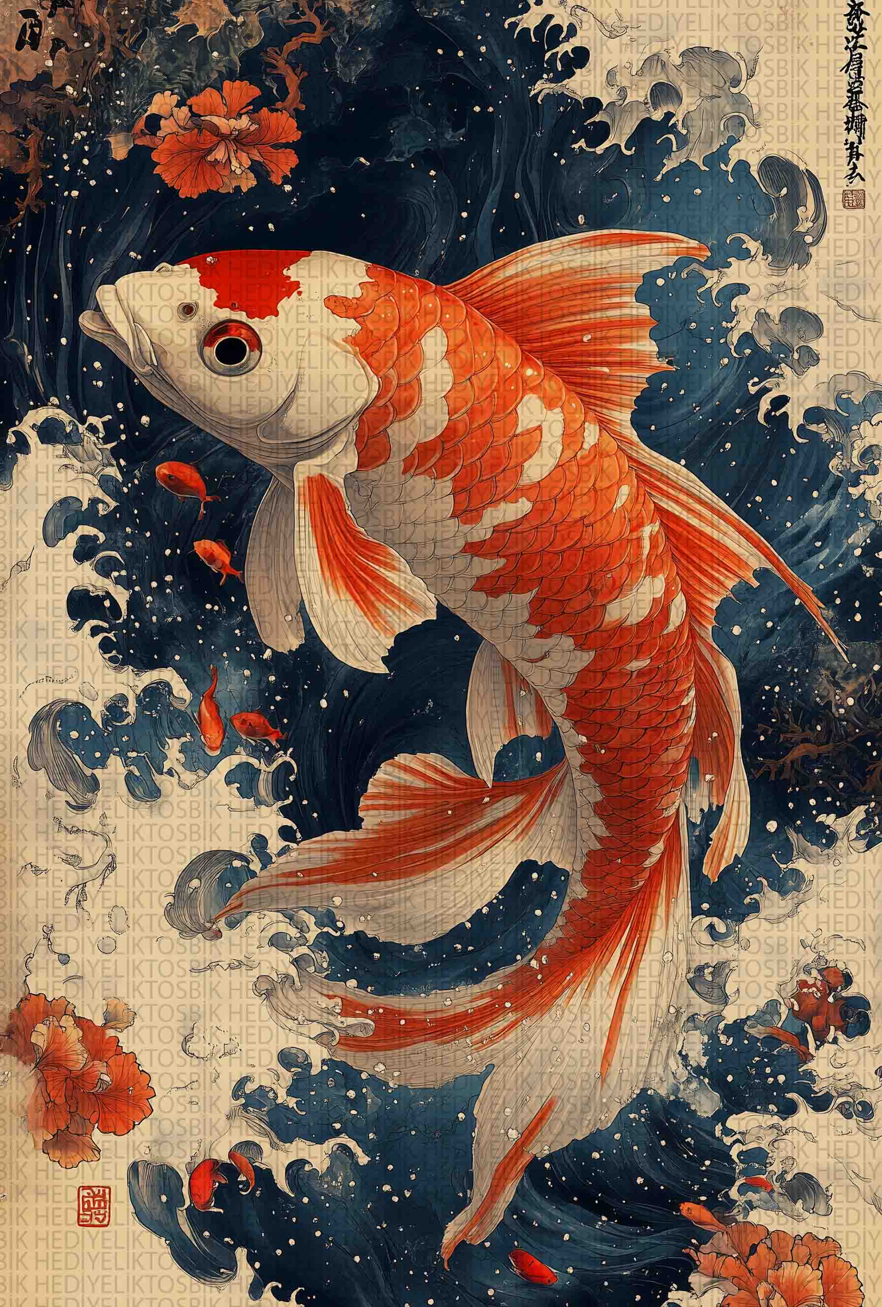 Japon Koi Balığı – Dalga ve Çiçek Desenli Ahşap Poster