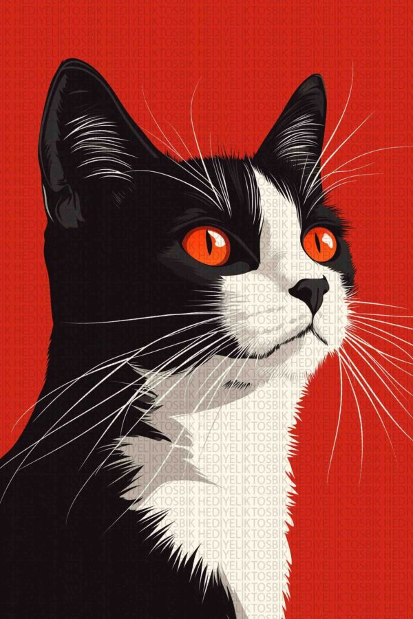 Kırmızı Fonlu Tuxedo Kedi – Vektörel Minimalist Ahşap Poster