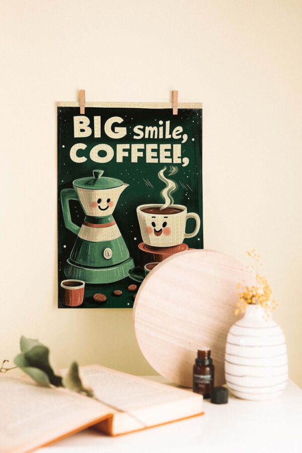 Big Smile Coffee – Eğlenceli Retro Kahve Temalı Ahşap Poster