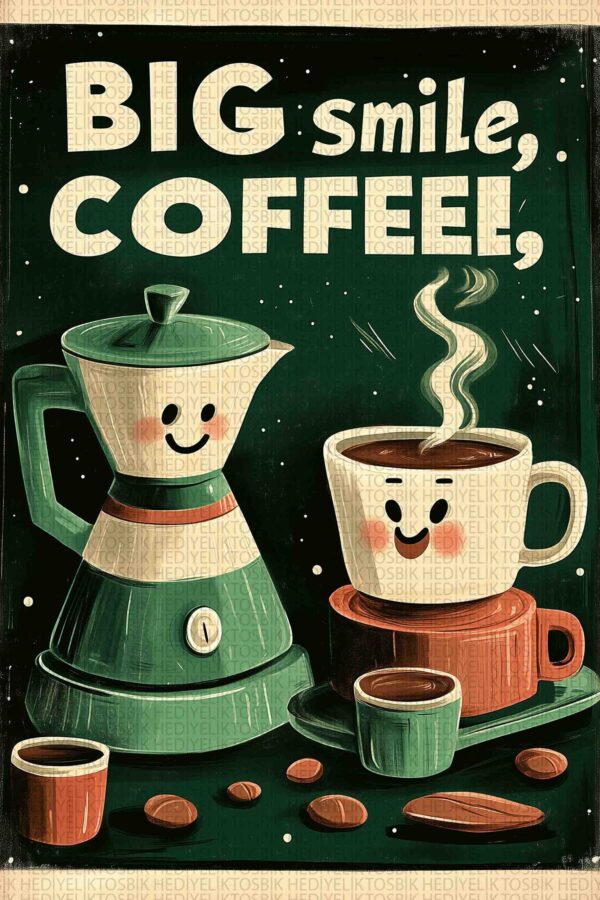 Big Smile Coffee – Eğlenceli Retro Kahve Temalı Ahşap Poster