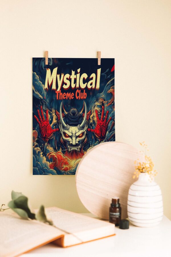 Mystical Theme Club – Japon Oni Maskesi İllüstrasyonlu Ahşap Poster