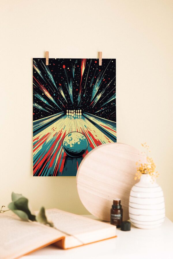 Galaktik Bowling – Retro Stil Dekoratif Ahşap Poster