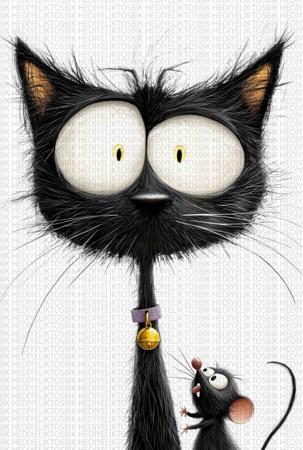 Meraklı Fare ve Şaşkın Kedi – Komik Karakter İllüstrasyonlu Ahşap Poster