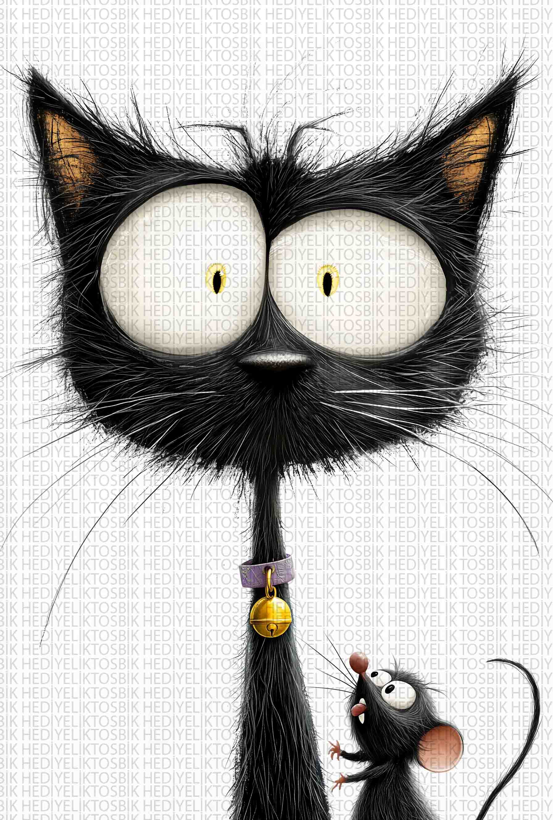 Meraklı Fare ve Şaşkın Kedi – Komik Karakter İllüstrasyonlu Ahşap Poster