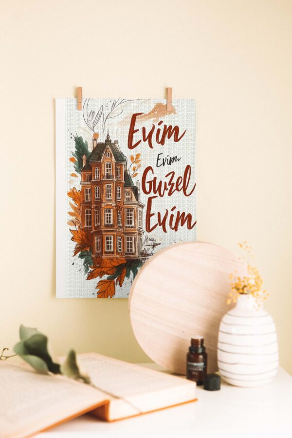 Evim Güzel Evim Yazılı Ahşap Poster