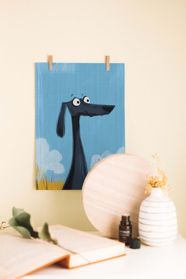 Karikatür Stilinde Siyah Köpek Temalı Ahşap Poster