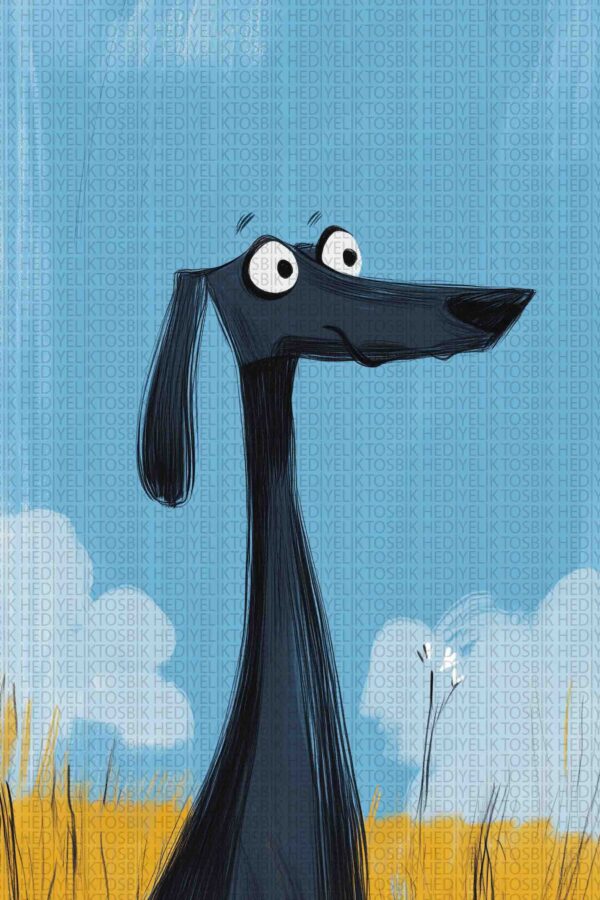 Karikatür Stilinde Siyah Köpek Temalı Ahşap Poster