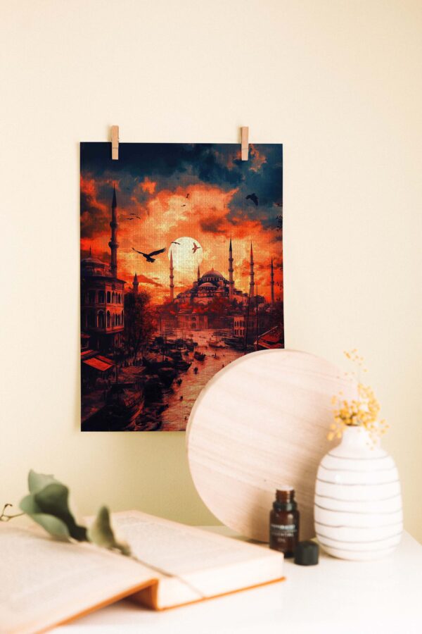 İstanbul Gün Batımı ve Cami Silüeti Ahşap Poster