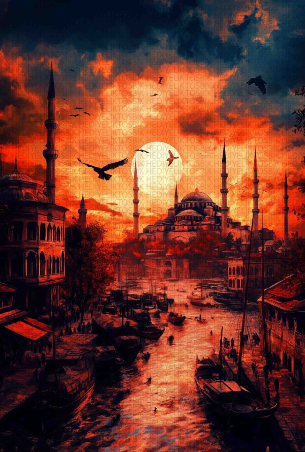 İstanbul Gün Batımı ve Cami Silüeti Ahşap Poster
