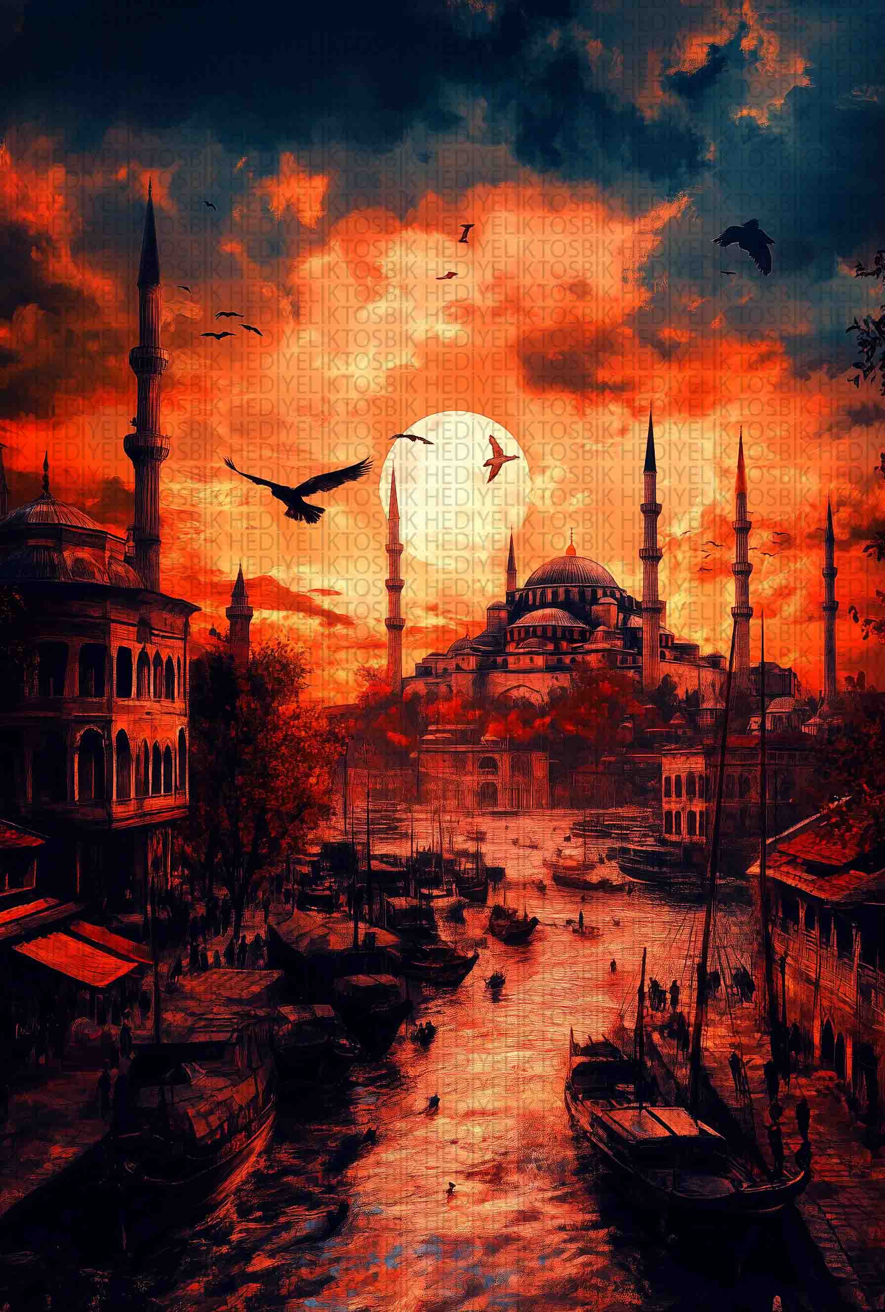 İstanbul Gün Batımı ve Cami Silüeti Ahşap Poster