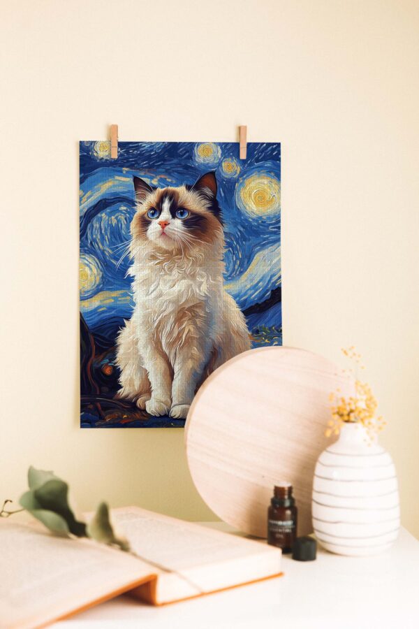 Van Gogh Yıldızlı Gece Temalı Kedi Ahşap Poster