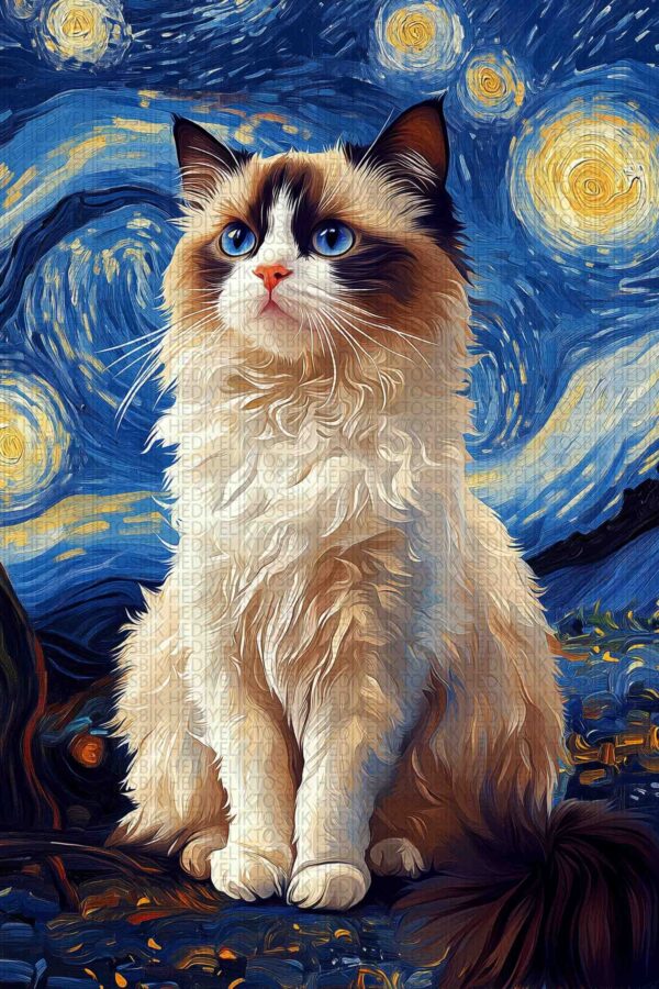 Van Gogh Yıldızlı Gece Temalı Kedi Ahşap Poster