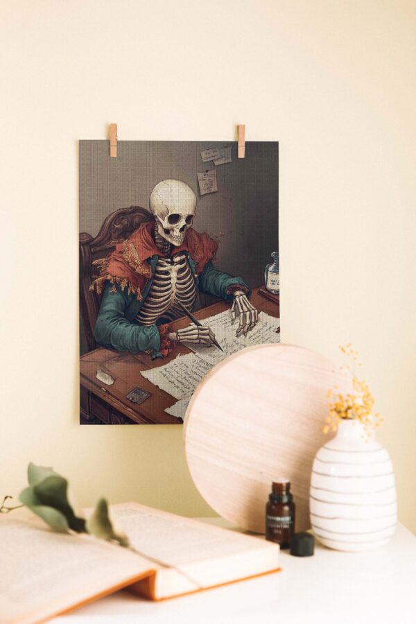 Yazı Yazan İskelet Temalı Gotik Ahşap Poster
