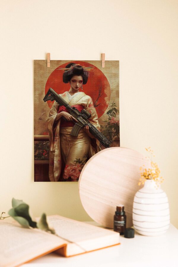 Geleneksel Kimono ve Modern Silah Temalı Ahşap Poster
