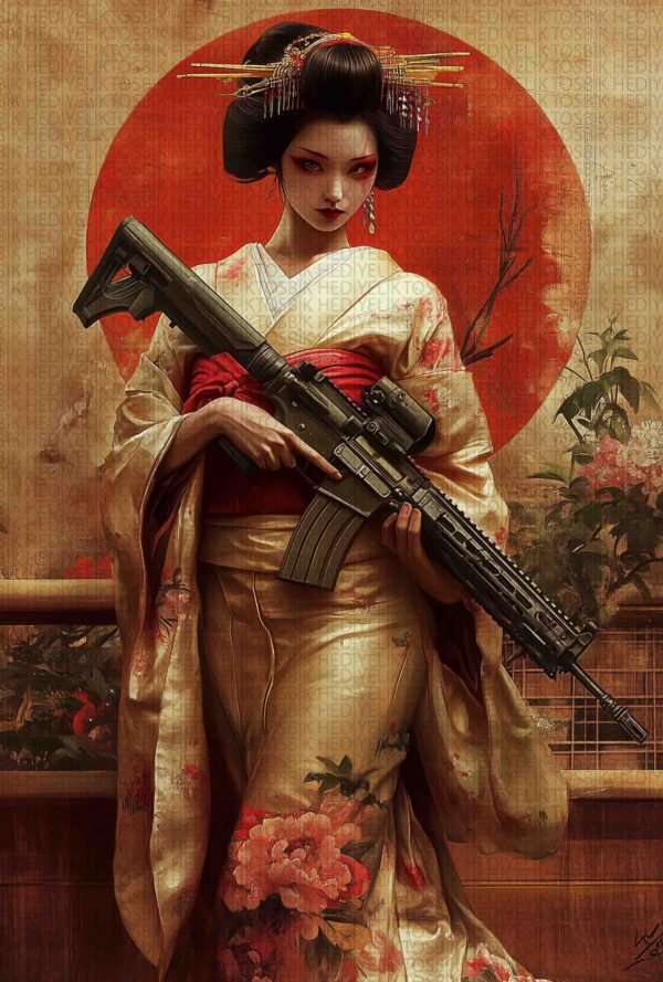 Geleneksel Kimono ve Modern Silah Temalı Ahşap Poster