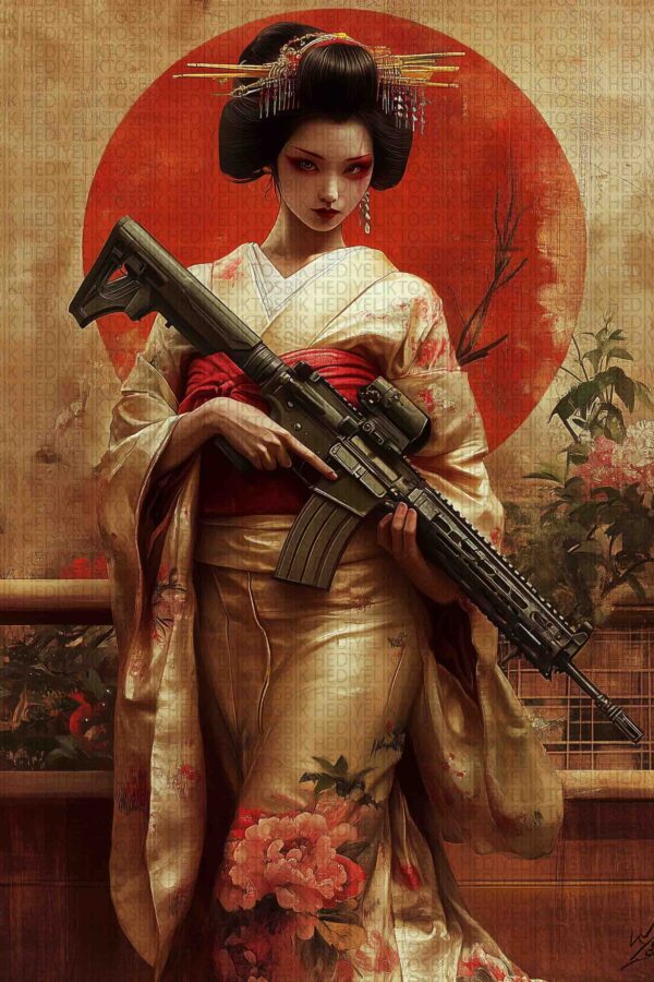 Geleneksel Kimono ve Modern Silah Temalı Ahşap Poster