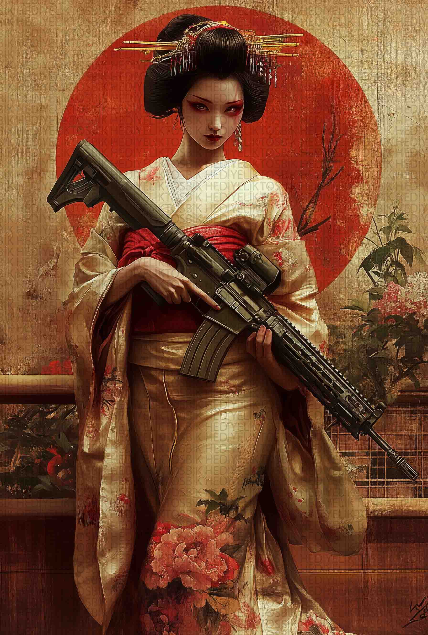 Geleneksel Kimono ve Modern Silah Temalı Ahşap Poster