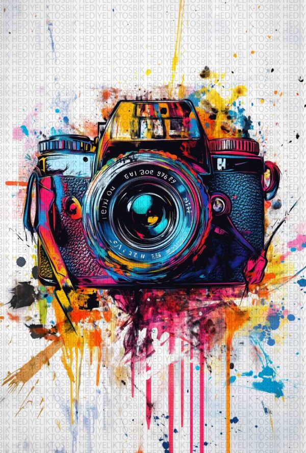 Renk Patlamalı Retro Fotoğraf Makinesi – Modern Sanat Ahşap Poster