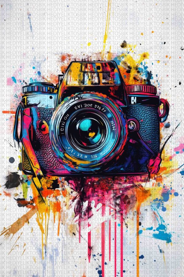Renk Patlamalı Retro Fotoğraf Makinesi – Modern Sanat Ahşap Poster