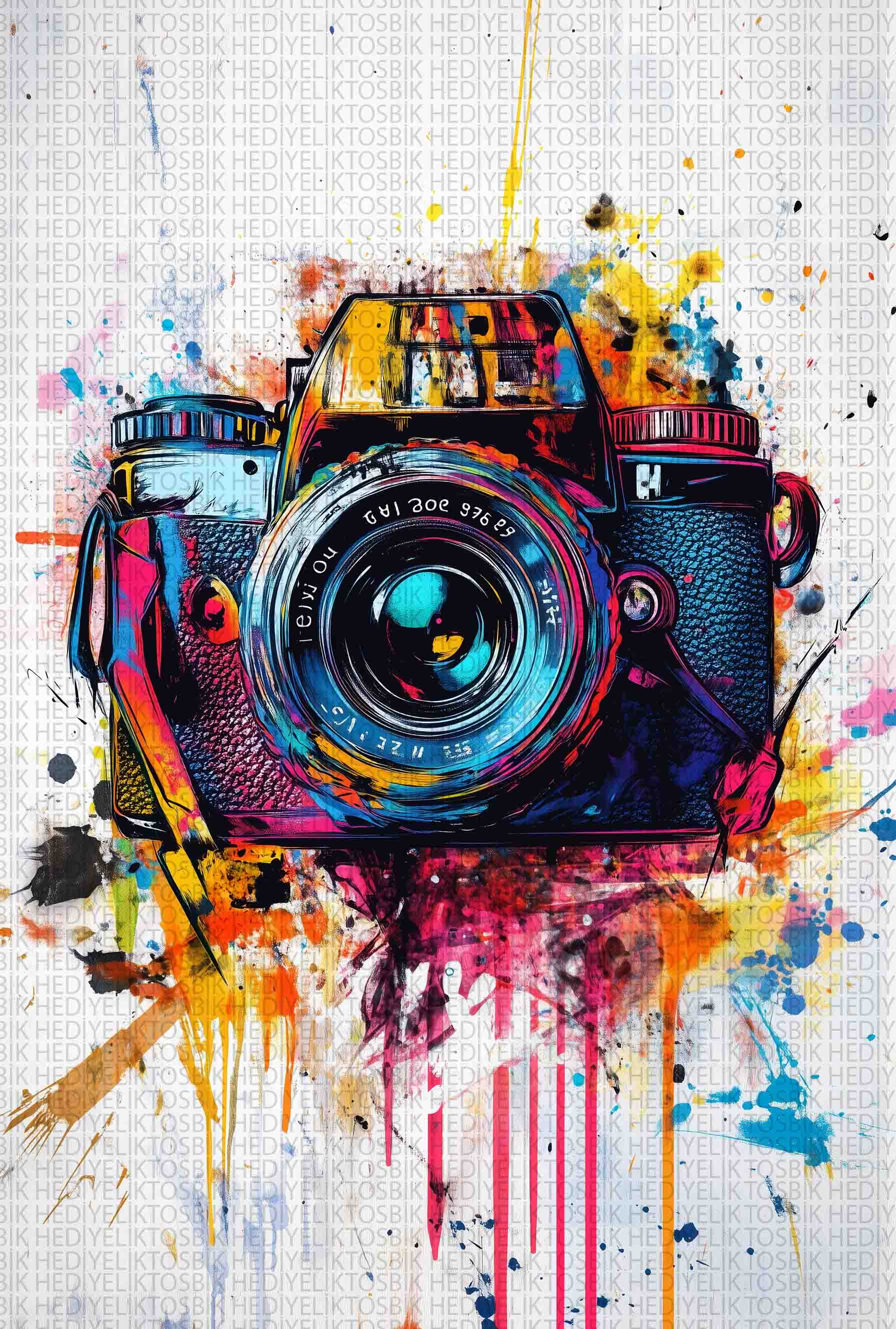 Renk Patlamalı Retro Fotoğraf Makinesi – Modern Sanat Ahşap Poster