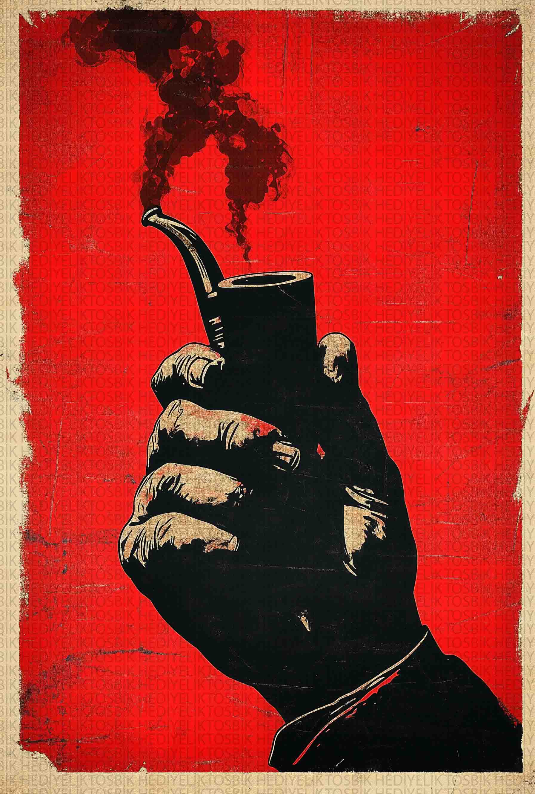 Retro Tarzda Pipo Tutan El – Kırmızı Arka Planlı Ahşap Poster