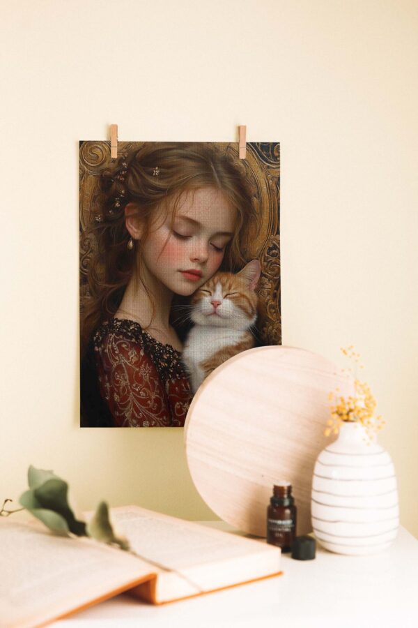Kediyle Uyum – Romantik Sanat Temalı Ahşap Poster