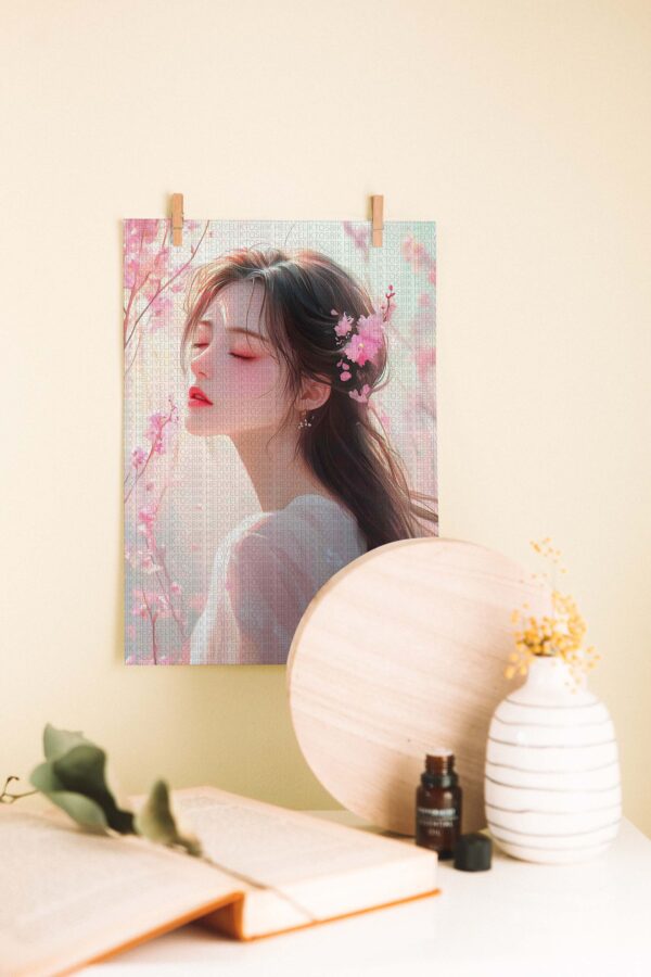 Sakura Baharında Rüya – Çiçekli Romantik Kadın Portresi Ahşap Poster
