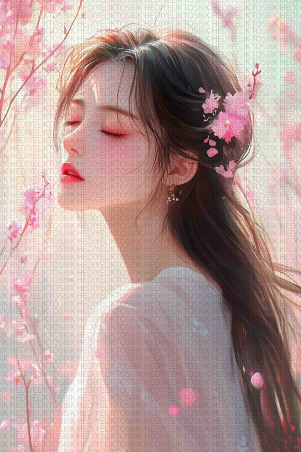 Sakura Baharında Rüya – Çiçekli Romantik Kadın Portresi Ahşap Poster