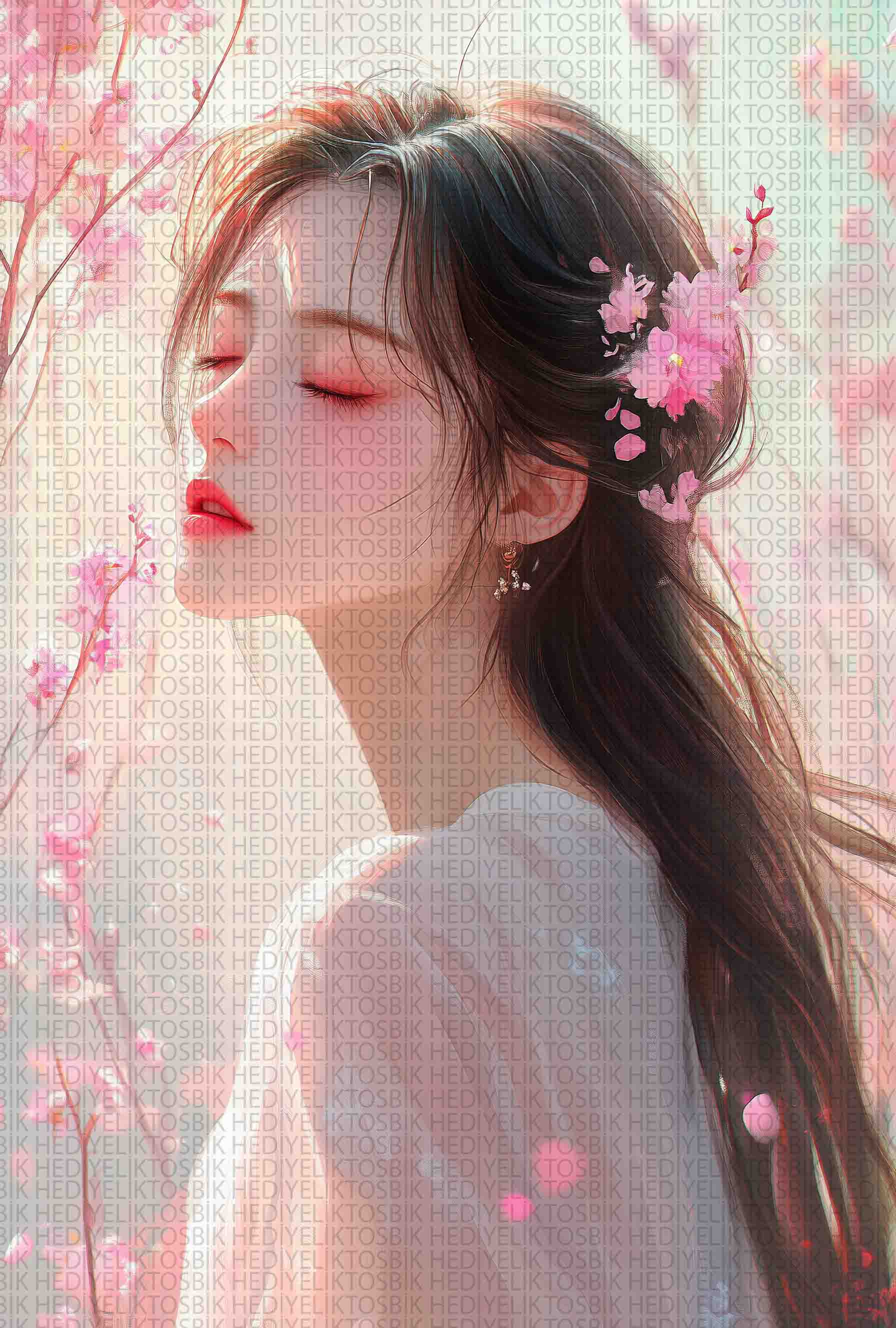 Sakura Baharında Rüya – Çiçekli Romantik Kadın Portresi Ahşap Poster