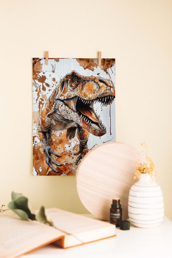 Sıçramış Mürekkep Tarzında T-Rex – Dinazor Temalı Ahşap Tablo