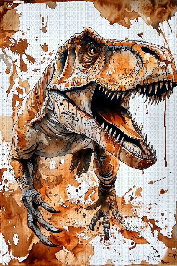 Sıçramış Mürekkep Tarzında T-Rex – Dinazor Temalı Ahşap Tablo