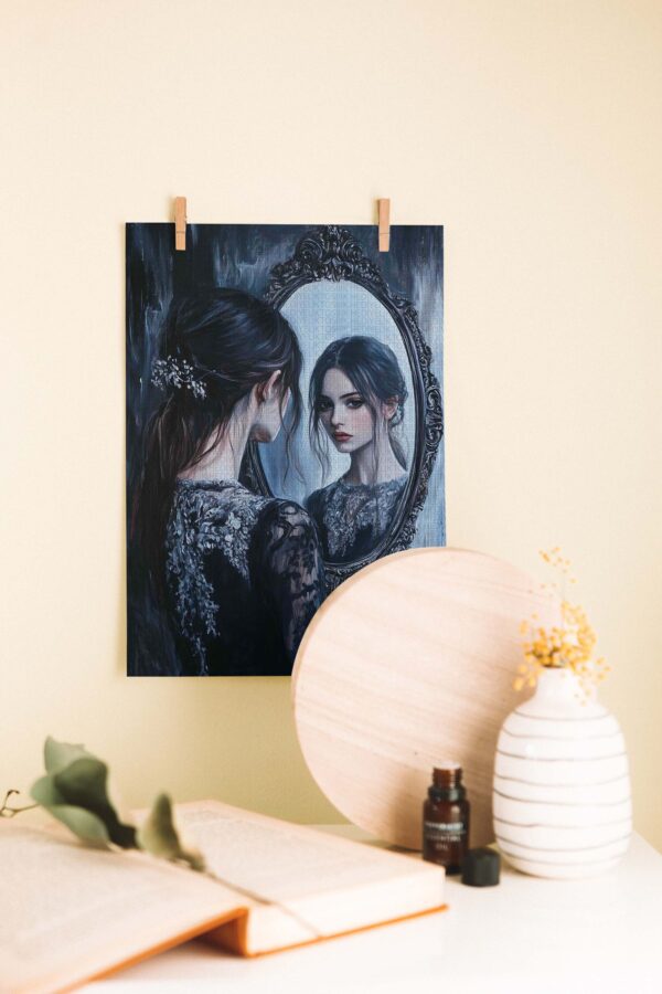 Aynadaki Yansıma – Gotik Stil Kadın Portresi Ahşap Tablo